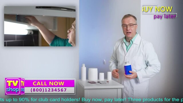 A professional salesman-doctor talks about medicines, health care supplements, food additives. TV store, online advertising, online pharmacy