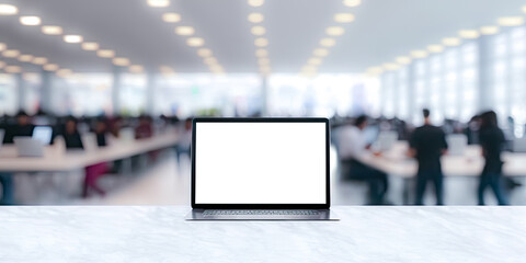 Fototapeta premium Blurred office background during business meeting and Laptop with blank screen. Copy space. A team of young businessmen working and communicating together in an office. digital art