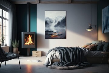 Modern interior with fireplace - Generative AI illustration