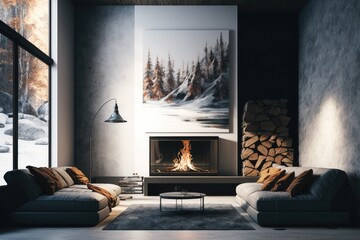 Modern interior with fireplace - Generative AI illustration