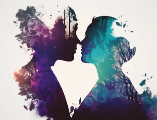 Double exposure digital illustration of a couple wedding celebration. Silhouette characters filled with dream like backgrounds. Abstract wedding concept art for invitations, poster or announcements.