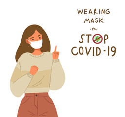 Young woman cartoon character with mask and wearing mask to stop COVID-19 typography. Concept of warning sign, caution, reminder sign, announcement, notification, prevention. Flat vector illustration.