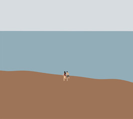 Happy couple running on the beach. Man and woman enjoying holidays relaxing laughing together holding hands.
