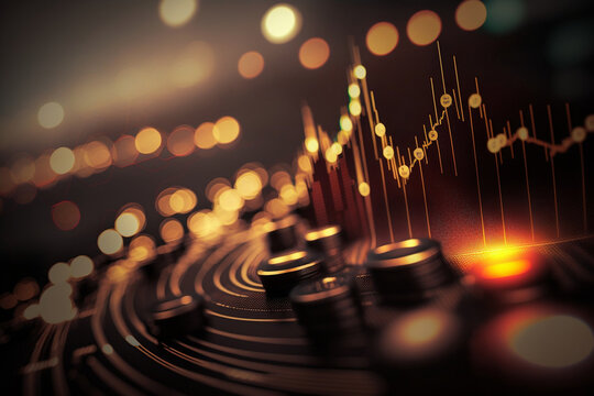 Render of a financial/trading chart floating in the air with 3D dials and knobs in the foreground. Created by Generative AI technology