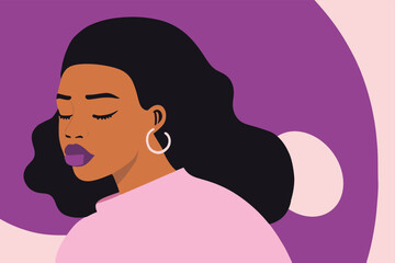 beautiful black girl, long hair, afro, full lips, closed eyes, inspirational, flat design, minimalist, abstract background