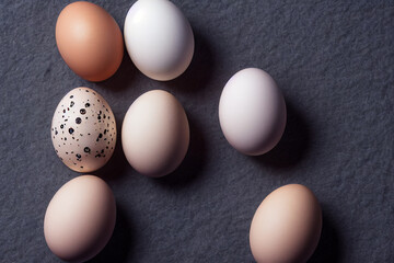 fresh country eggs lie on a dark table, generative AI