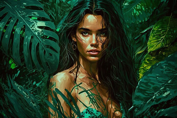 mulher sexy em meio a selva tropical  - obrazy, fototapety, plakaty