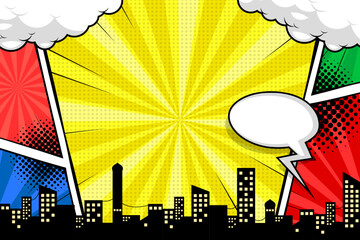 Colorful comic scene background with city silhouette