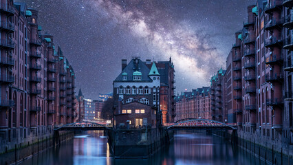 Hamburg Water Castle with Milky Way at Night