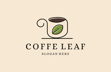 leaf coffe tea line art logo design minimalist style .