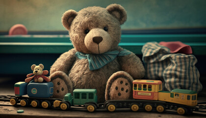 A Teddy Bear near a toy train set. Generative AI.