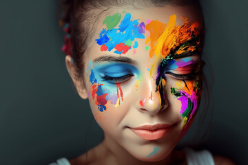 jovem menina com maquiagem colorida profissional  - obrazy, fototapety, plakaty
