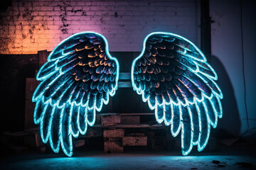 asas de anjo em luz neon  - obrazy, fototapety, plakaty