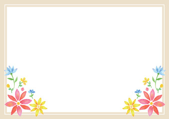 左右下に赤青黄色の水彩手描きの花飾り付いた横型フレーム