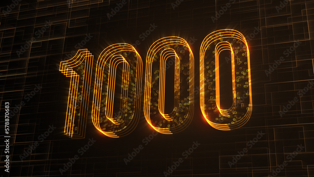 Poster futuristic golden 3d perspective view 1000 number text lines with square dots fractal digital techno