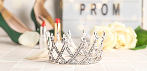 Beautiful tiara on light background. Prom concept