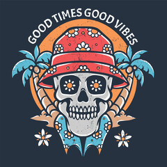 summer skull with bucket hat vector