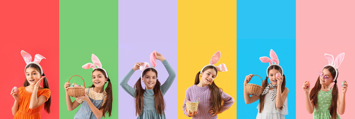 Set of many little girls celebrating Easter on color background