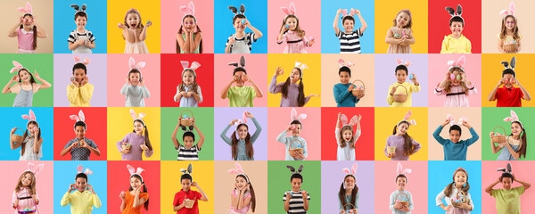 Obraz na płótnie Canvas Collage with many children celebrating Easter on color background