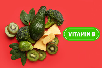 Healthy products and text VITAMIN B on red background