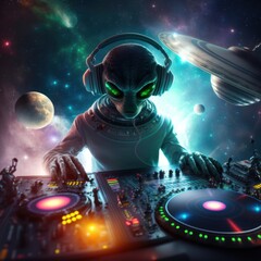 Fototapeta na wymiar UFO, DJ, rave, wizard, ET, dance, music, extraterrestrial, spell, festival music eletronic rave, GENERATIVE AI