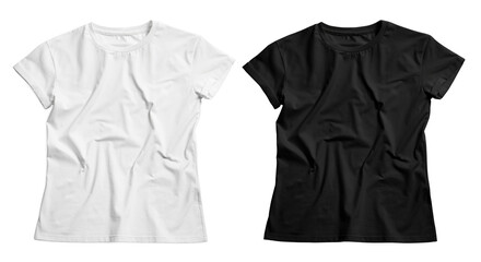 Stylish t-shirts on white background, top view