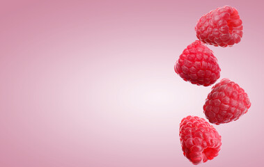 Fresh ripe raspberries falling on pink background. Space for text