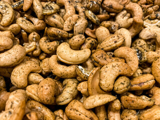 Roasted cashew as background, closeup