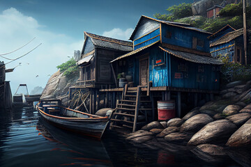 Obraz premium Illustration of a Chinese fishing village. Generative AI.
