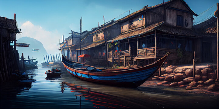 Illustration of a Chinese fishing village. Generative AI.