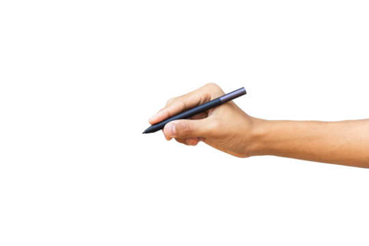 The businessman's hand holds a pen on white background, clipping path - Powered by Adobe