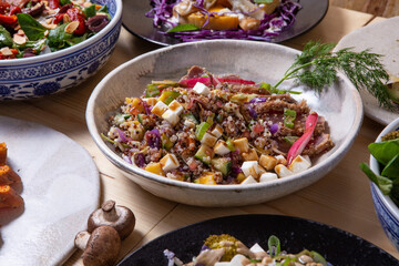Plate with quinoa and fried tuna slices