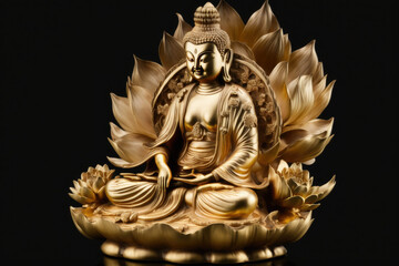 Maitreya buddha gold statue sitting on lotus, generative AI