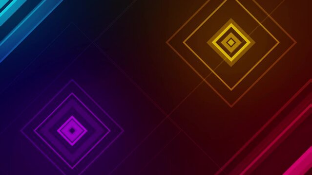 Glowing colorful geometric lines squares background. 2D style motion graphics animation. Seamless loop