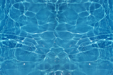 Defocus blurred transparent blue colored clear calm water surface texture with splashes and bubbles. Trendy abstract nature background. Water waves in sunlight with copy space. Blue watercolor shining
