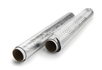 Rolls of aluminium foil on white background