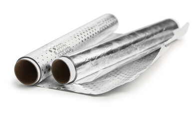 Rolls of aluminium foil on white background