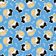 Seamless Pattern with Cartoon Mermaid Cat Design on Blue Background