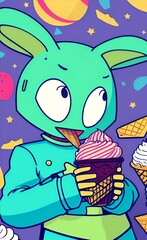 Bunny alien eating ice cream. Ai generated.