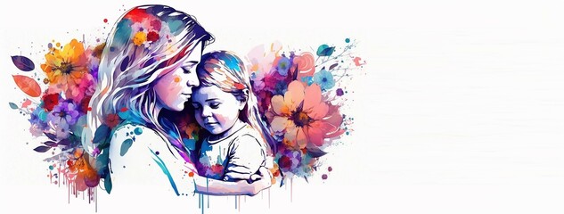 Mother's day - illustration of mom and daughter hugging each other with copy space for text, Generative ai
