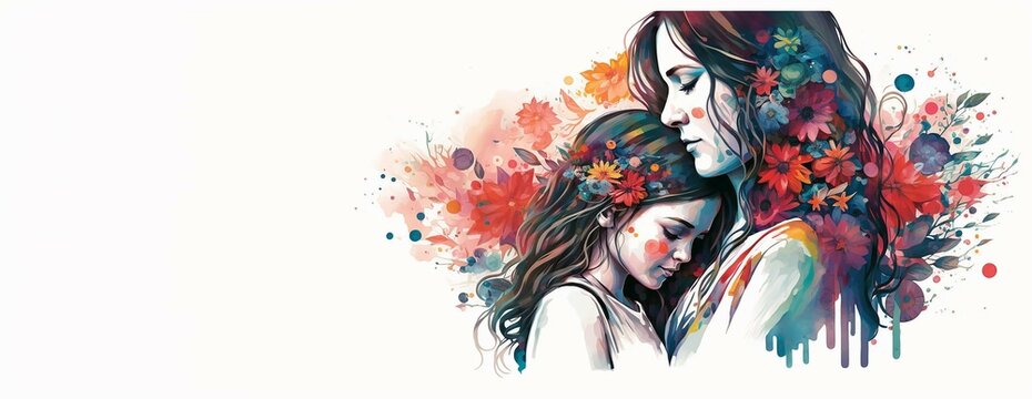 Mother's day - illustration of mom and daughter hugging each other with copy space for text, Generative ai
