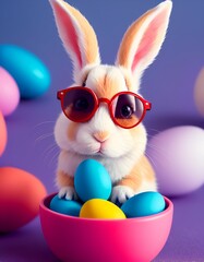 Funny easter bunny with eggs. Created with generative AI
