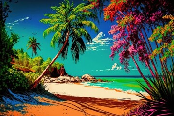 Obraz na płótnie Canvas Vivid Colorful Tropical Beach Landscape in Painting Style, Under Sunny Weather Generative AI