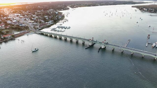 Aerial view of the Bridge of Lions in Saint Augustine, Florida during sunrise.