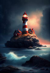 Illustration of a lighthouse on a beautiful rocky outcropping. Generative AI.