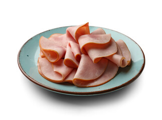 Plate with delicious ham slices isolated on white background