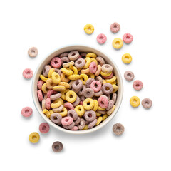 Bowl of colorful cereal rings isolated on white background