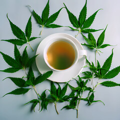 The AI-generated image of herbal tea and leaves on a gray background evokes a sense of serenity and tranquility.