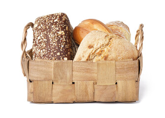 Basket with loaves of different bread isolated on white background