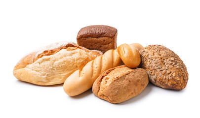 Loaves of different bread isolated on white background